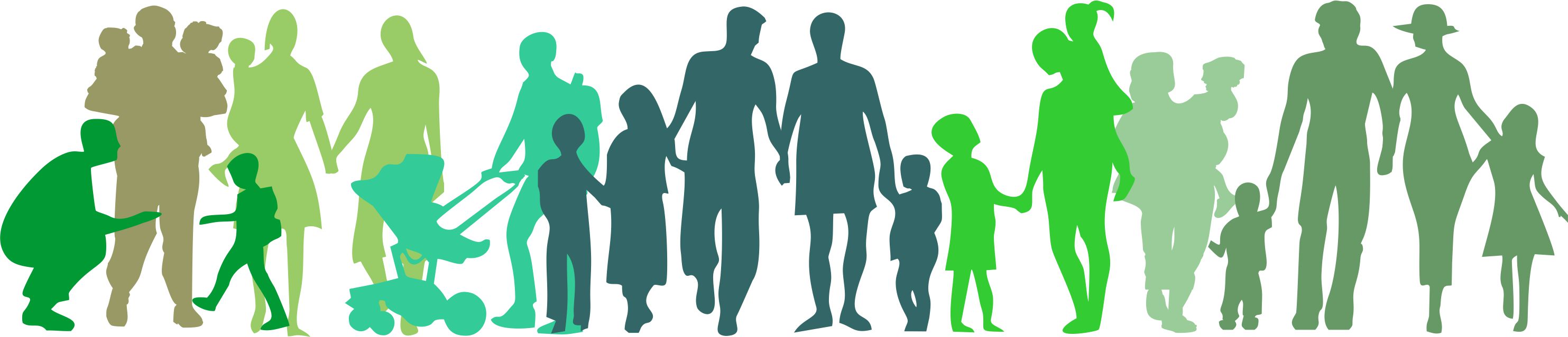 Grüne Personen die verschiedene Arten von Elternschaft darstellen sollen. Personen mit Kindern und Kinderwagen, mal eine erwachsene Person mal zwei. 