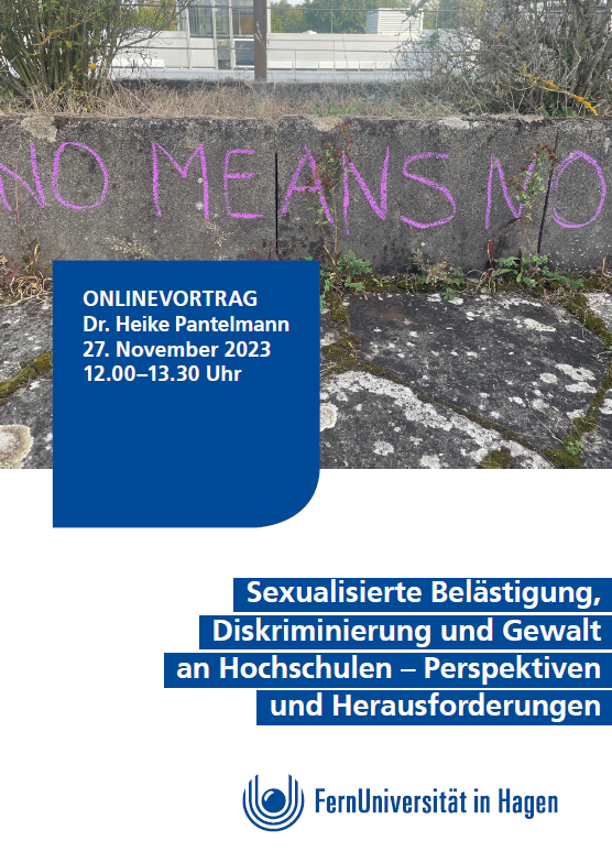 No means No steht in lila auf einer Steinmauer. Davor ist ein blauer Button auf dem die Infos zu Veranstaltung stehen. 